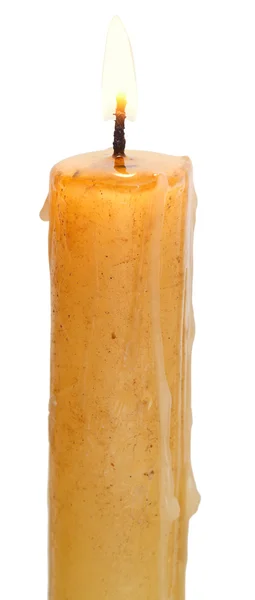 Stary zapaloną świeczkę na blisko biały na białym tle na — Zdjęcie stockowe