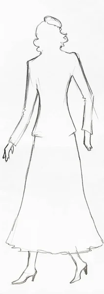 Outline Fashionable Silhouette Woman 30S Century Hand Drawn Black Graphite — Stock Photo, Image