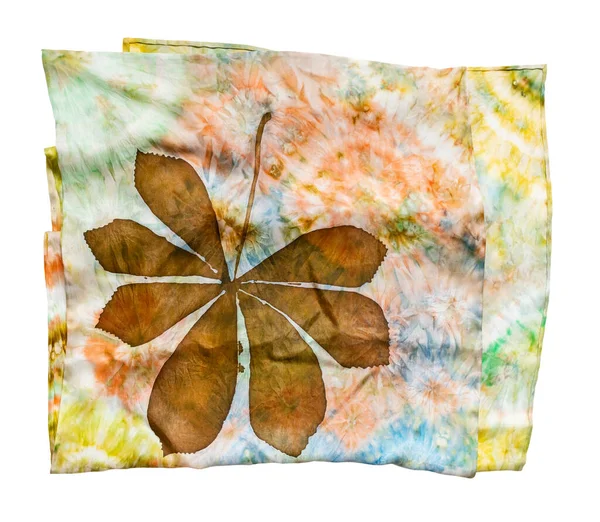 Folded Handcrafted Silk Scarf Handpainted Brown Chestnut Leaf Abstract Pattern — Stock Photo, Image