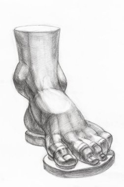 Akademik çizim - beyaz kağıda el yazısı çizilmiş erkek ayağının alçı kalıbını incelemek