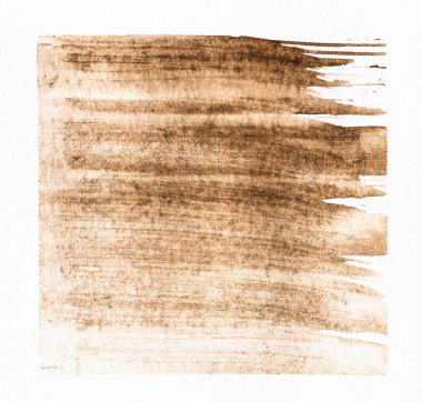 Aquarelle boyama tekniğinin doku üzerine sepia renginde çizilmiş beyaz kağıda yakın plan - suluboya boyanın nemli yelpaze fırçasıyla bulanıklaşması