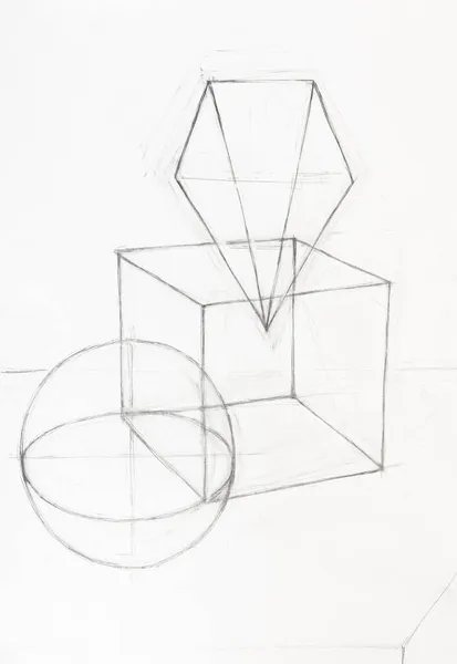 Boceto Composición Con Bola Cubo Pirámide Dibujado Mano Lápiz Sobre —  Fotos de Stock
