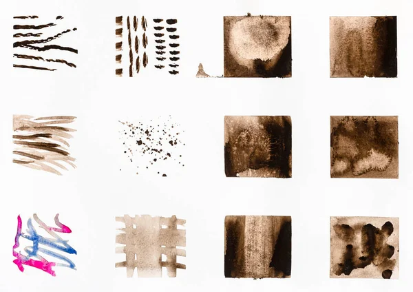 Beyaz Kağıda Sepia Renginde Elle Çizilmiş Çeşitli Suluboya Resim Metotları — Stok fotoğraf