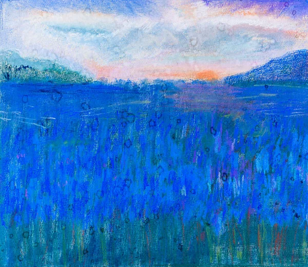Mavi Zambak Tarlasında Pembe Gün Batımı Beyaz Desenli Kağıt Üzerine — Stok fotoğraf
