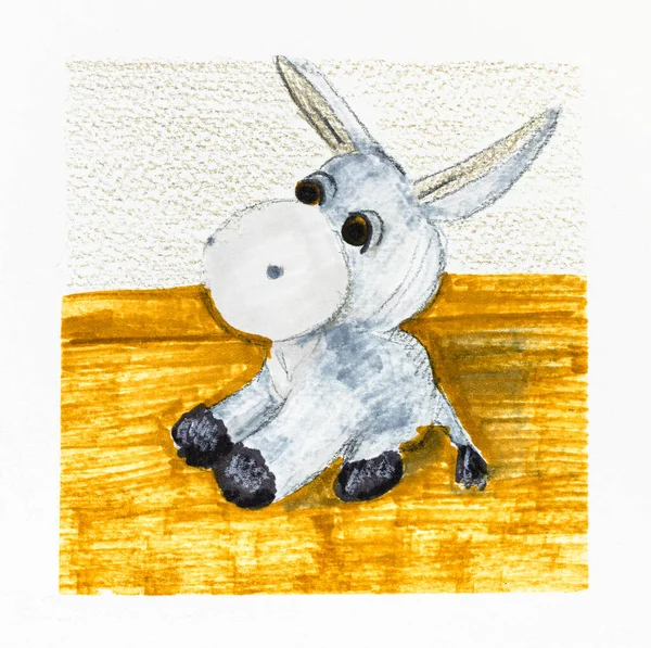 毛绒绒动物毛驴草图 手绘有标记和彩色铅笔 用白色纹理纸制成 — 图库照片
