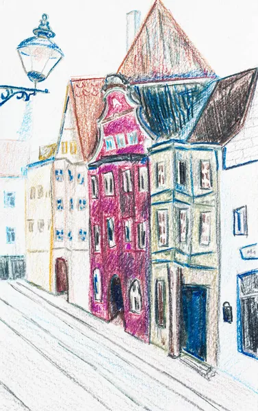 Boceto Fachadas Antiguas Casas Urbanas Ciudad Augsburgo Alemania Dibujado Mano — Foto de Stock