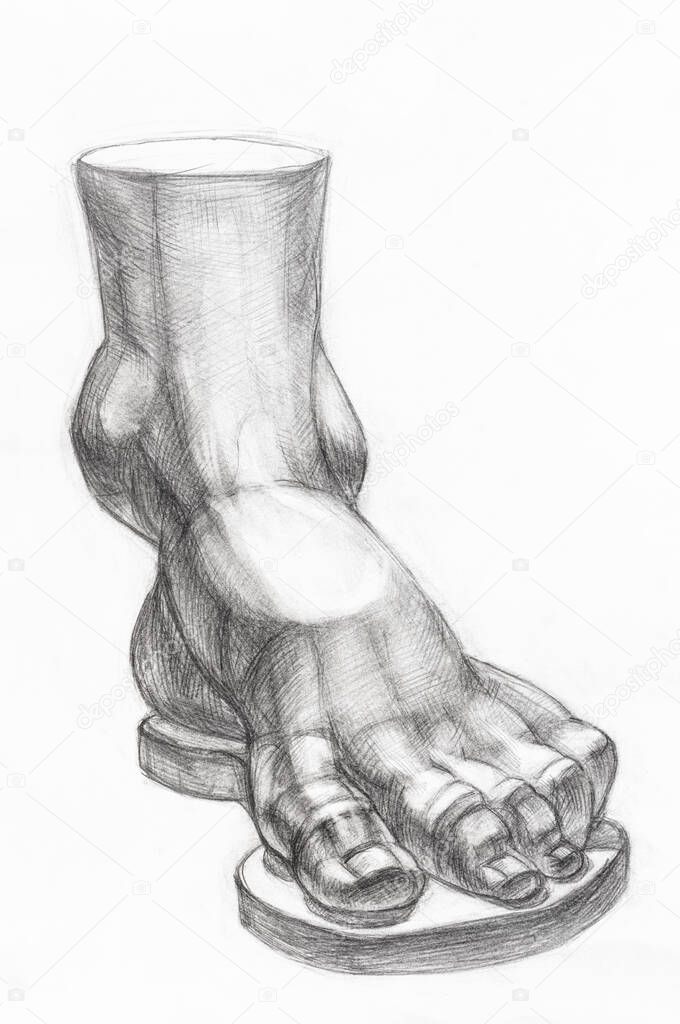 academic drawing - study of plaster cast of male foot hand-drawn by graphite pencil on white paper