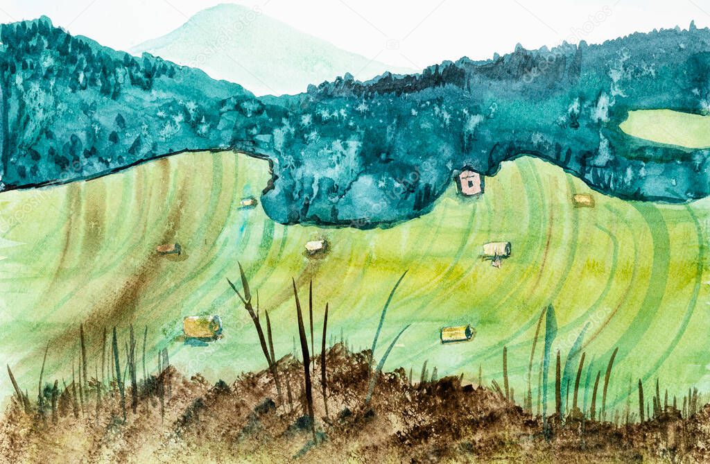harvested field near forest in foothills hand painted with watercolors on textured paper. Forest is painted with splash of watercolor, field by wiping with dry brush, foreground with sponge