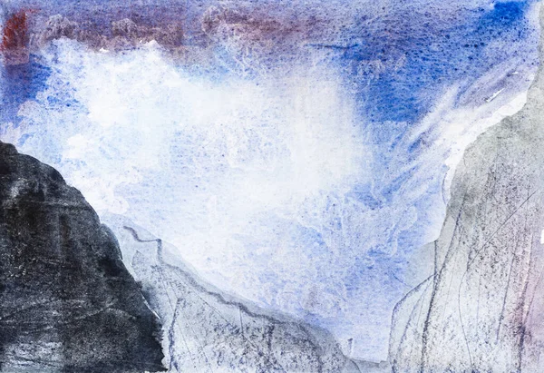 Akşamları Dağların Yamaçları Arasındaki Mavi Gökyüzü Beyaz Desenli Kağıda Suluboya — Stok fotoğraf