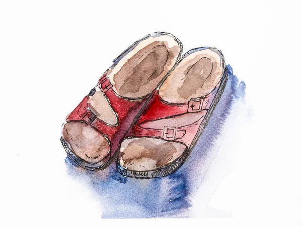 Boceto Zapatillas Ortopédicas Cuero Rojo Dibujadas Mano Por Acuarelas Sobre — Foto de Stock