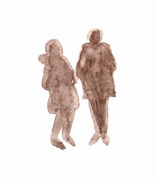 Sketch Silhouettes Two Women Winter Jackets Hand Drawn Watercolor White — Stock Photo, Image