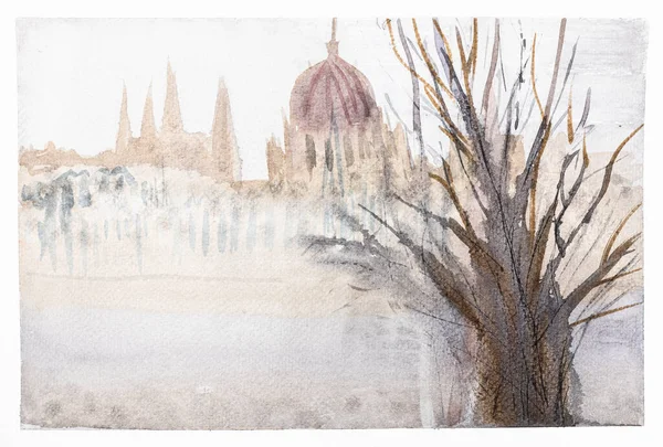 View Hungarian Parliament Building Haze Winter Morning Hand Drawn Watercolors — Stockfoto