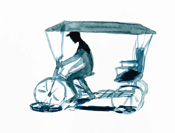 Sketch Cycle Rickshaw Havana City Hand Drawn Watercolor White Textured — Stock Photo, Image