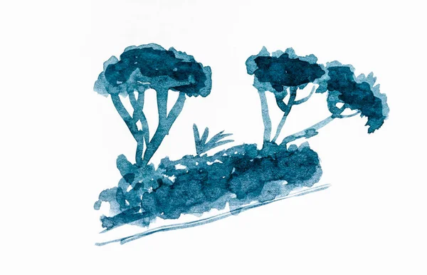 Beyaz Desenli Kağıda Suluboya Çizilmiş Talyan Taş Çam Ağaçlarının Siluetinin — Stok fotoğraf