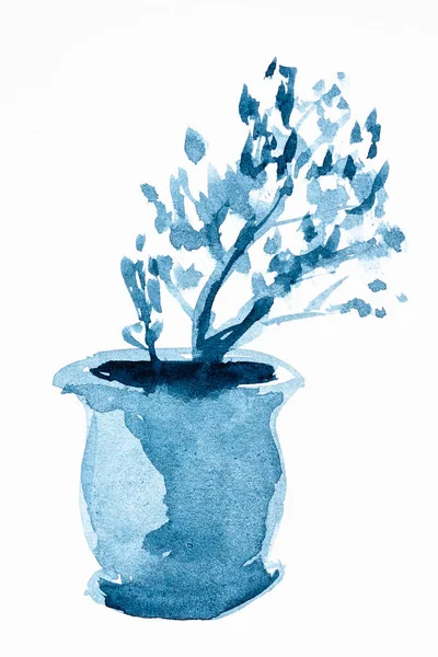 Sketch Ceramic Flowerpot Small Tree Hand Drawn Watercolor White Textured — Stock Photo, Image