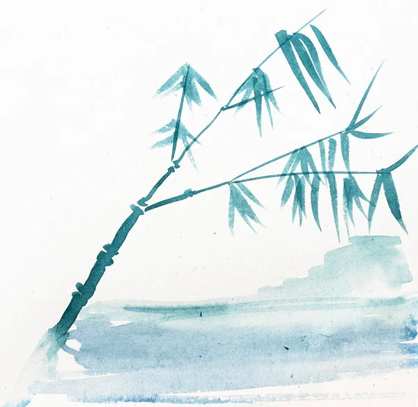 sketch of cane on sea coast hand drawn by watercolor on white textured paper in sumi-e technique