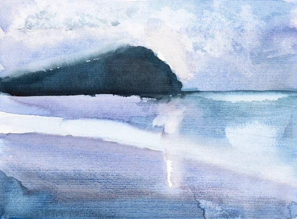 Wybrzeże Morza Północnego Anglii Niebieskim Spokojnej Strony Wieczorem Rysowane Akwarelami — Zdjęcie stockowe