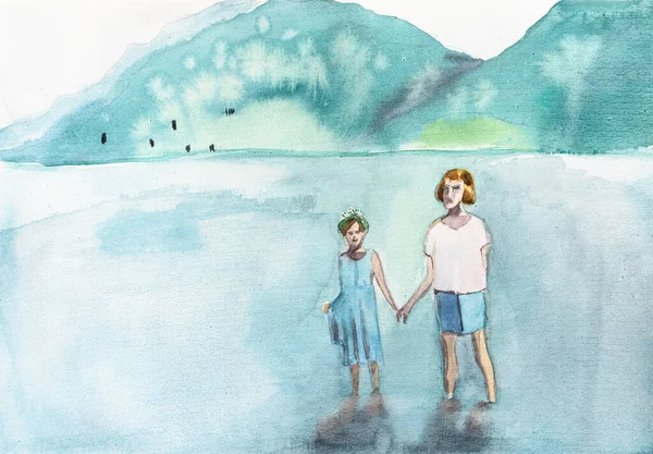 Two Girls Stand Water Mountain Lake Bavaria Hand Drawn Watercolors — Foto Stock