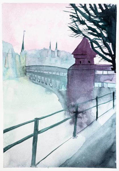 Kapellbrucke Híd Folyó Lucerne Város Alkonyat Kézzel Rajzolt Akvarell Fehér — Stock Fotó