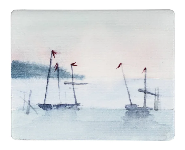 Handcrafted Miniature Fishing Boats Sea Sunset Hand Drawn Watercolors White — Stockfoto