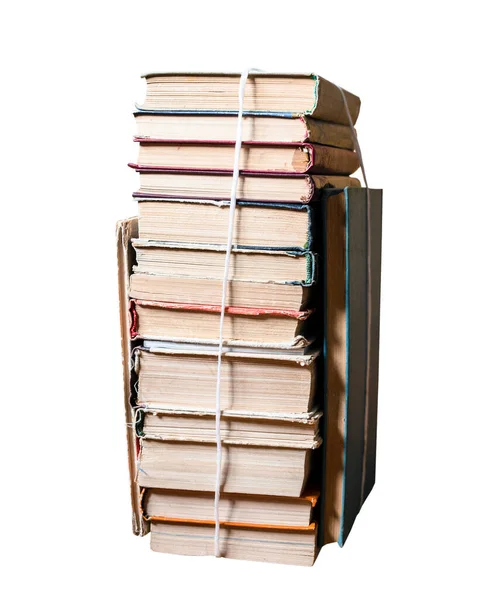 Stack Used Books Tied Packthread Isolated White Background — стоковое фото