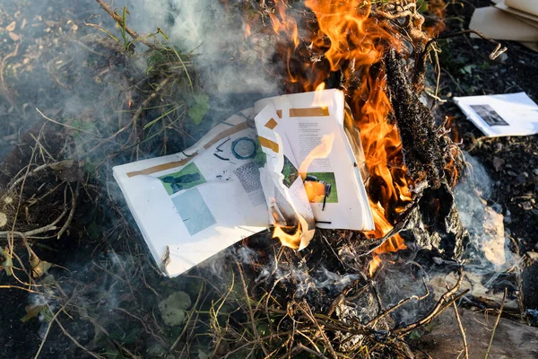 Güneşli bir günde, kır bahçesindeki budanmış dalların üzerinde fotoğrafçılıkla ilgili ders kitabını yakmak.