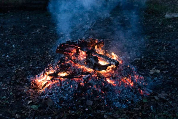 Legna Ardere Fumante Cumulo Cenere Nel Giardino Campagna Crepuscolo Blu — Foto Stock