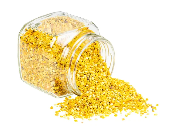 Overturned Glass Jar Natural Bee Pollen Isolated White Background — 图库照片