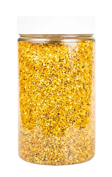 Side View Closed Large Glass Jar Natural Bee Pollen Isolated — стоковое фото