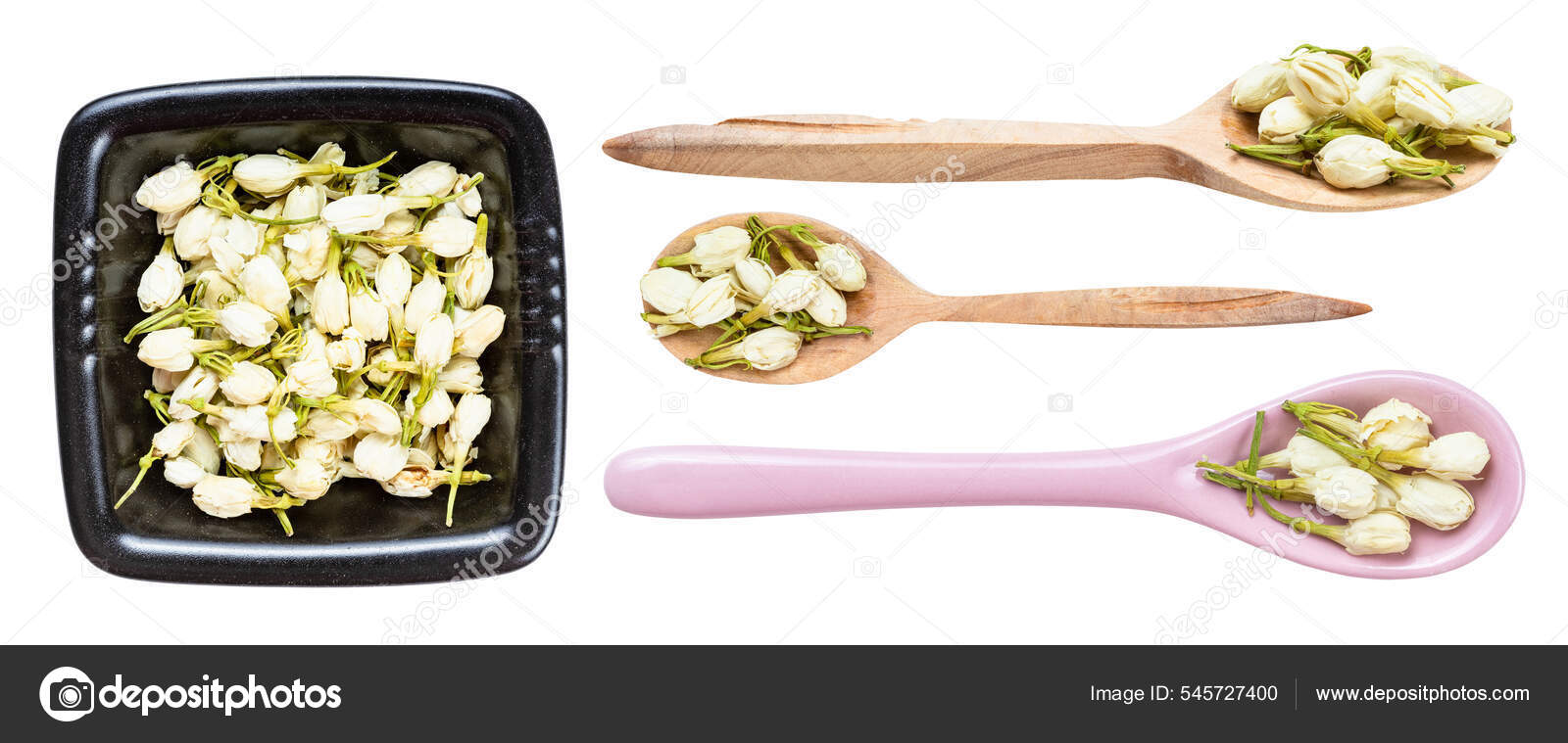 Set Various Dried Jasmine Flowers Isolated White Background Stock Photo