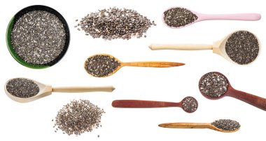 Beyaz arkaplanda izole edilmiş çeşitli chia çekirdekleri