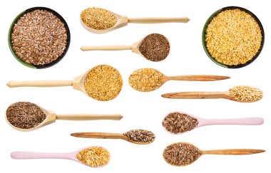 Beyaz arkaplanda izole edilmiş çeşitli keten tohumları