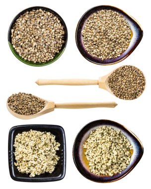 Beyaz arkaplanda izole edilmiş çeşitli kenevir tohumları