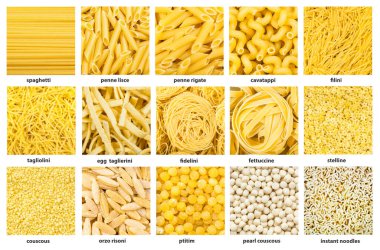 Kare yemek arka planında çeşitli buğday makarna ve erişteler var.