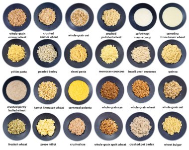 Beyaz arka planda izole edilmiş gri kaselerde isimleri olan çeşitli kaynamış Groats 'un üst görünüm kümesi