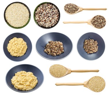 Beyaz arkaplanda izole edilmiş çeşitli kaynamış ve ham kinoa taneleri var.