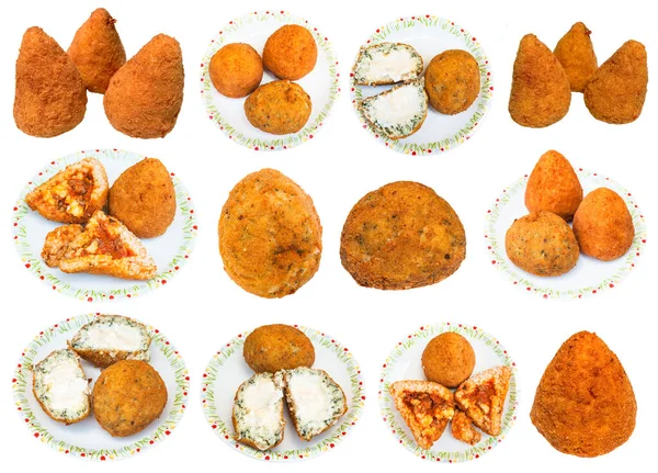 Set Various Sicilian Stuffed Rice Balls Arancini Isolated White Background — Stock Photo, Image