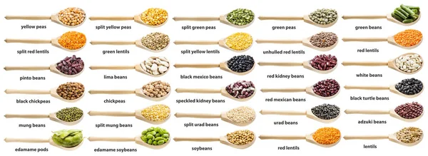 Set Various Beans Peas Lentils Names Wood Spoons Isolated White — Stock Photo, Image