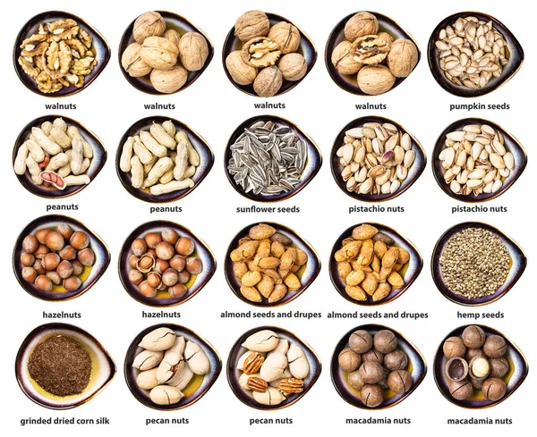 在白色背景上隔离的陶瓷碗中命名的一组不同的坚果 — 图库照片