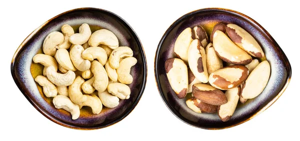 Set Van Braziliaanse Noten Cashewnoten Keramische Kommen Geïsoleerd Witte Achtergrond — Stockfoto