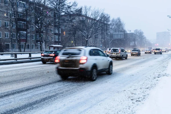 Traffic Slippery Snowy City Road Blue Winter Dusk Moscow City — Stock Photo, Image
