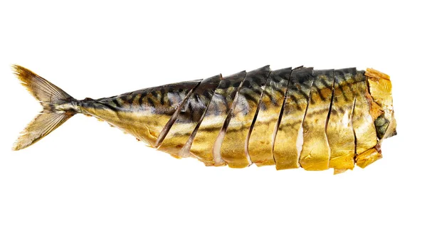 Kalt Geräucherte Kopflose Makrele Stücke Geschnitten Isoliert Auf Weißem Hintergrund — Stockfoto