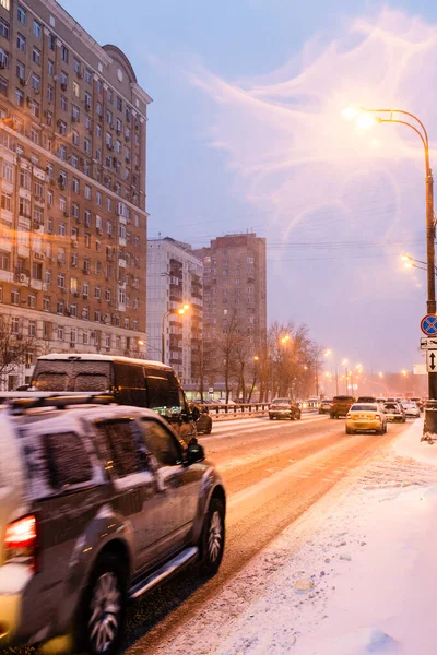 Snow Covered City Road Snowfall Winter Evening Moscow City — Stock Photo, Image