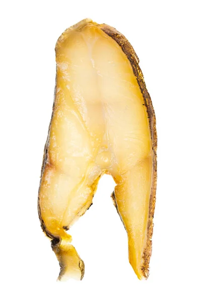 Φέτα Ψαριού Ιππόγλωσσας Που Καπνίζεται Ψυχρώ Και Απομονώνεται Λευκό Φόντο — Φωτογραφία Αρχείου
