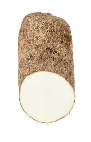 白い背景に孤立したアフリカのヤムの切れた塊茎の正面図 — ストック写真