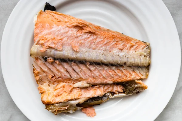 Top View Half Baked Salmon Tail Part White Plate — Stock Photo, Image