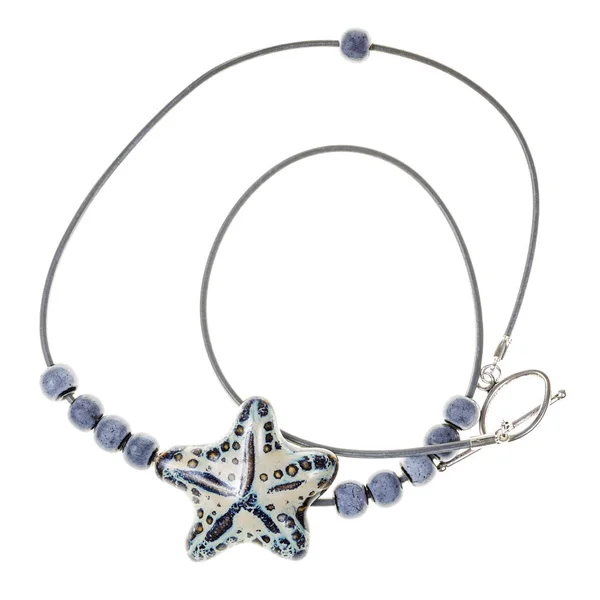 Tangled Handcrafted Necklace Made Handmade Ceramic Stars Beads Leather Cord — Stock Photo, Image