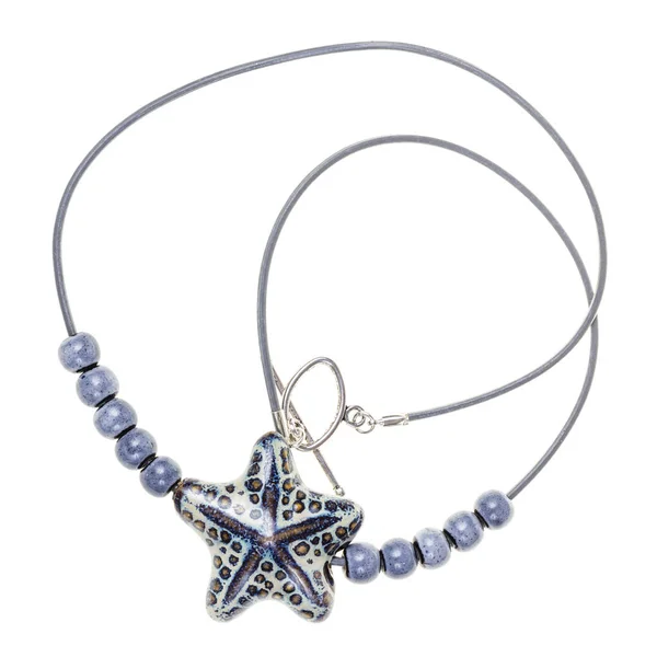 Handcrafted Necklace Made Handmade Ceramic Stars Beads Leather Laceisolated White — Stock Photo, Image