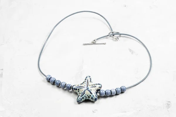 Handcrafted Necklace Made Handmade Ceramic Stars Beads Leather Cord Close — Stock Photo, Image