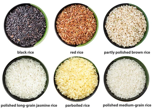 Sada Různých Rýží Miskách Jmény Izolovaných Bílém Pozadí — Stock fotografie